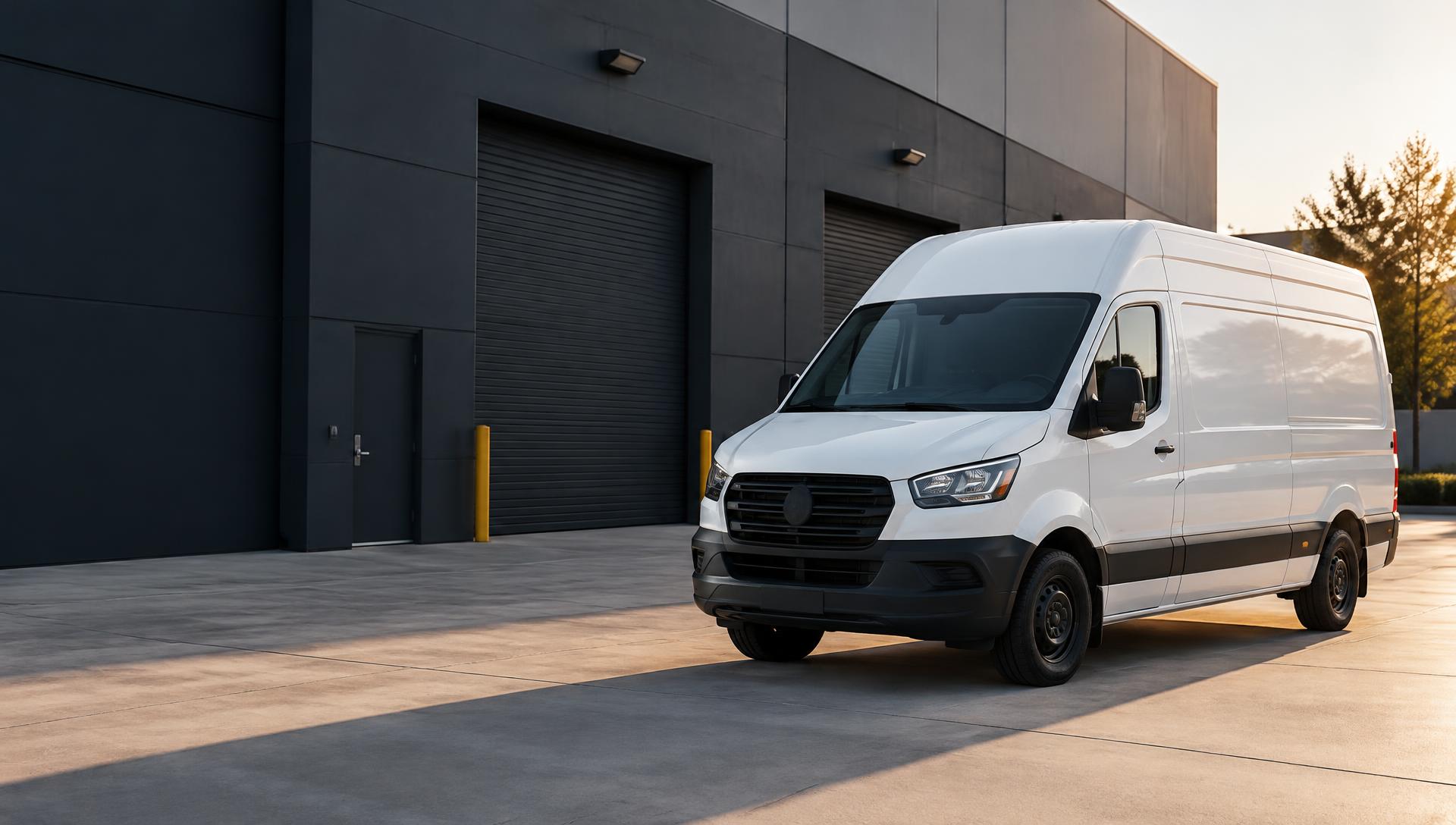 White commercial cargo van outside an industrial warehouse